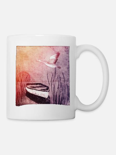 Boot am See - handgeschnitzte Druckvorlage - Tasse - Weiß