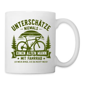 Unterschätze niemals alten Mann mit Fahrrad - Tasse - Weiß - Rechts