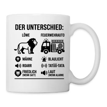 Löwe oder Feuerwehr? Lustiges Vergleichs-Motiv  - Tasse - Weiß - Rechts