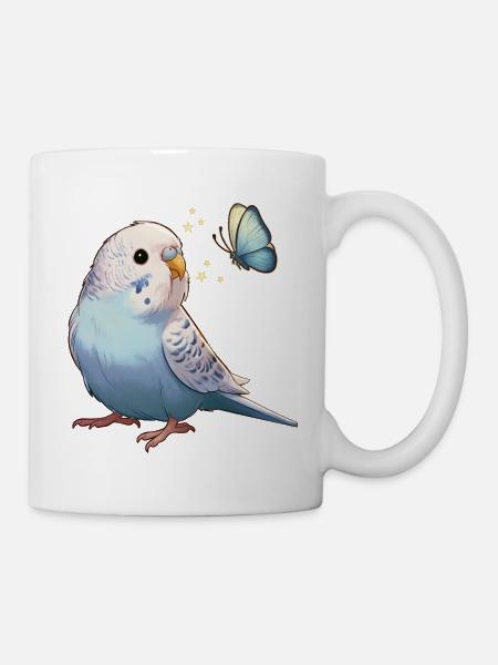 Wellensittich mit Schmetterling - Tasse - Weiß