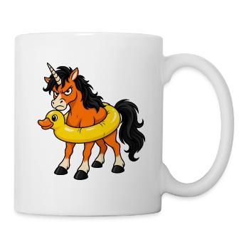 Ein Einhorn schwebt in einem Quietschenten-Ring herum - Tasse - Weiß - Rechts