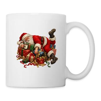 Schlafender Weihnachtsmann auf Geschenken - Tasse - Weiß - Rechts