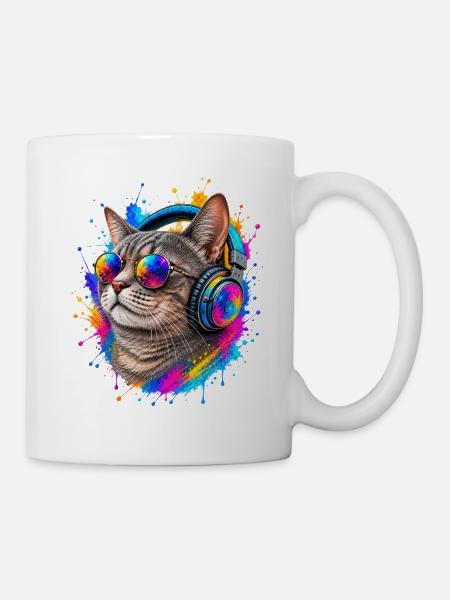 Katze Headphone cool Musik - Tasse - Weiß