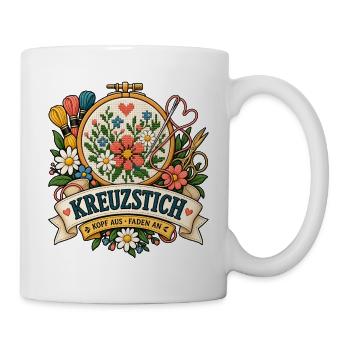 Kreuzstich – Kopf aus Faden an - Tasse - Weiß - Rechts