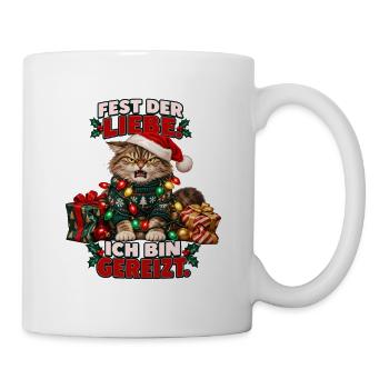 Weihnachtskatze mit Lichterkette - Tasse - Weiß - Rechts