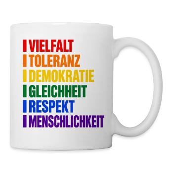 Vielfalt und Toleranz – Werte in Regenbogenfarben - Tasse - Weiß - Rechts