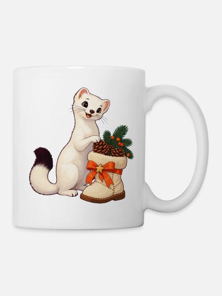 Hermelin mit festlichem Zapfenstiefel - Tasse - Weiß