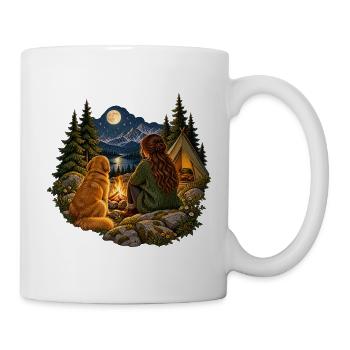 Frau und Hund am Lagerfeuer Camping - Tasse - Weiß - Rechts