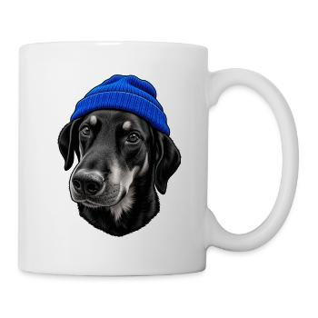Hund mit blauem Strickmütze - Tasse - Weiß - Rechts