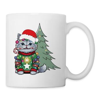 Weihnachtskatze mit Lichtkette - Tasse - Weiß - Rechts