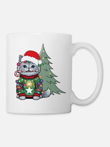 Weihnachtskatze mit Lichtkette - Tasse - Weiß