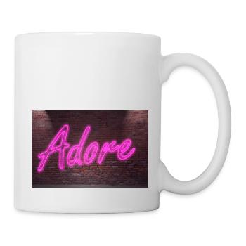 Neon adore lettering on Brick Wall at night - Mug - white - Right