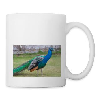 blue peacock (in german Blauer Pfau) Pavo cristatu - Mug - white - Right