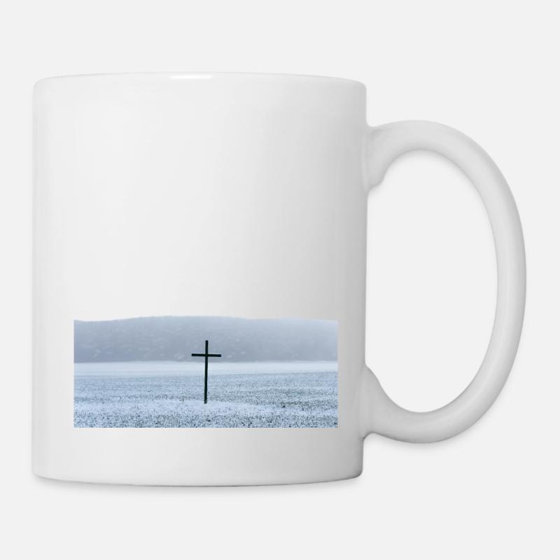 Big black cross on a field in winter - Mug - white
