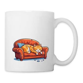 Cat Oversleeping Tired Couch Sofa Funny Cartoon - Mug - white - Right