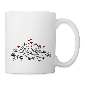 Verliebte Vögelchen, Valentinstag, Kuss, Herz - Tasse - Weiß - Rechts