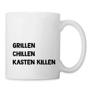 Grillen Chillen Kasten killen - Tasse - Weiß - Rechts