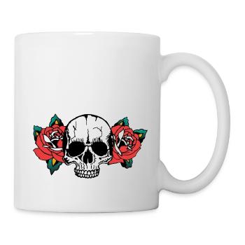 rosa Blume Schädel alte Schule Tattoo Kopf des Todes - Tasse - Weiß - Rechts