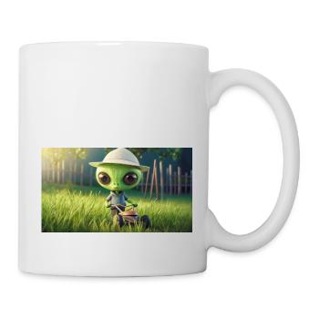 niedliches kleines grünes Retro Alien Rasen mähen - Tasse - Weiß - Rechts