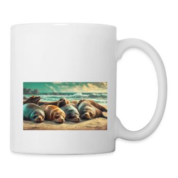 Cute animals chilling – sea lion sleeping beach - Mug - white - Right