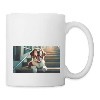 Cute animals chilling – dog on stairs - Mug - white - Right
