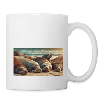 Cute animals chilling – sea lion sleeping beach - Mug - white - Right