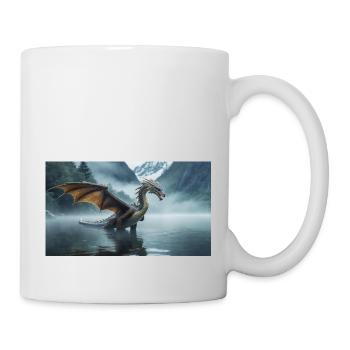 Ein realistischer böser dunkler Drache in einem nebligen Fluss - Tasse - Weiß - Rechts