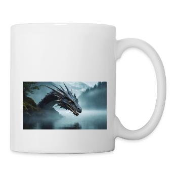 Ein realistischer böser dunkler Drache in einem nebligen Fluss - Tasse - Weiß - Rechts