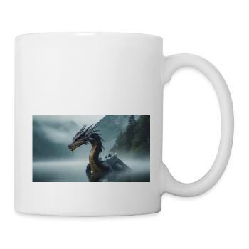 Ein realistischer böser dunkler Drache in einem nebligen Fluss - Tasse - Weiß - Rechts