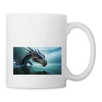 Ein realistischer böser dunkler Drache in einem nebligen Fluss - Tasse - Weiß - Rechts