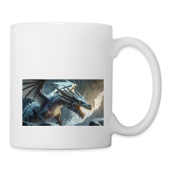 Ein realistischer böser dunkler Drache klettert auf einen nebligen - Tasse - Weiß - Rechts