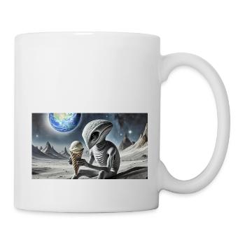 Grauer Außerirdischer auf der Mondoberfläche – Eis essen - Tasse - Weiß - Rechts