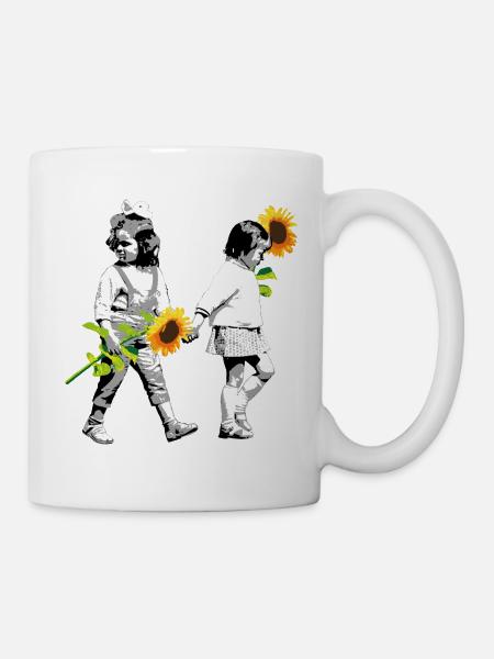 Flower Children | two little girls with sunflowers - Mug - white