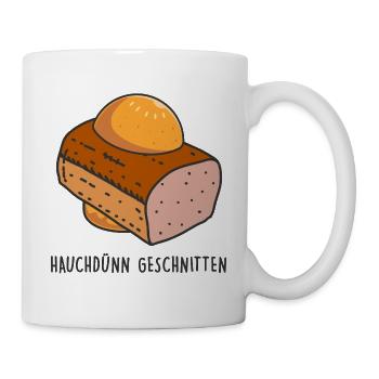 Leberkäse Semmel - Brot - Hauchdünn geschnitten - Tasse - Weiß - Rechts