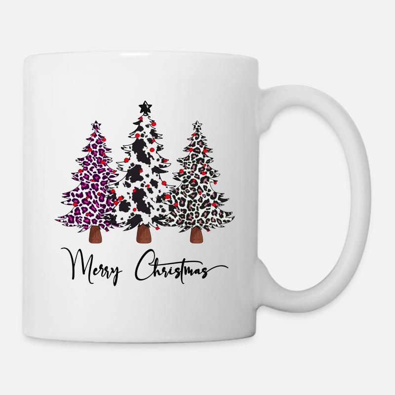 Merry Christmas Leopard Buffalo Plaid Trees, Xmas - Mug - white