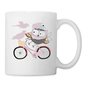 Eule auf Rad mit Vogel Vögel - - Tasse - Weiß - Rechts