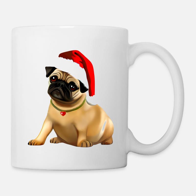 pug pup sitting wearing santa hat - Mug - white