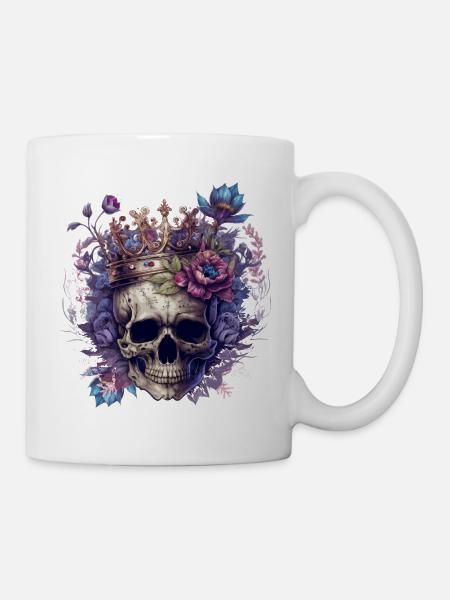 Totenkopf mit Krone und Blüten - Tasse - Weiß