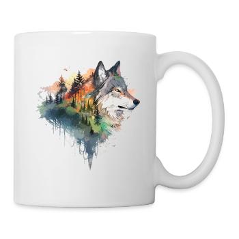 Wolf Wolfskopf Natur Wildnis Wald Bäume Kunst - Tasse - Weiß - Rechts