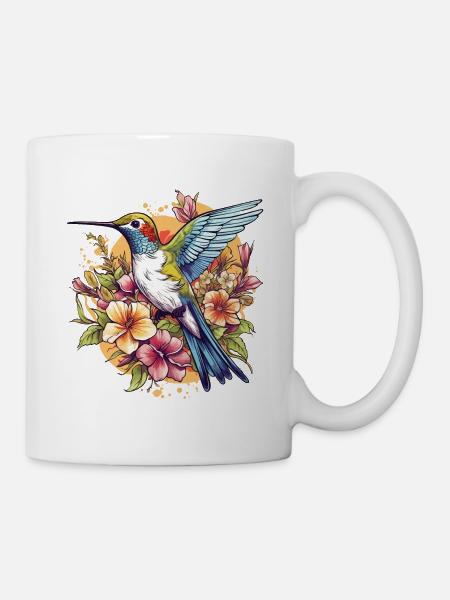 Colibri Fleurs Oiseau Animal Art Aquarelle Coloré - Mug blanc - blanc