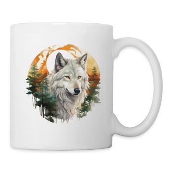 Wolf Wolfskopf Natur Wildnis Wald Bäume Kunst - Tasse - Weiß - Rechts