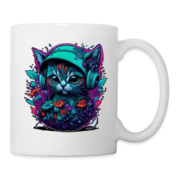 Chat bébé dans la mer de fleurs, en écoutant de la musique - Mug blanc - blanc - Droite