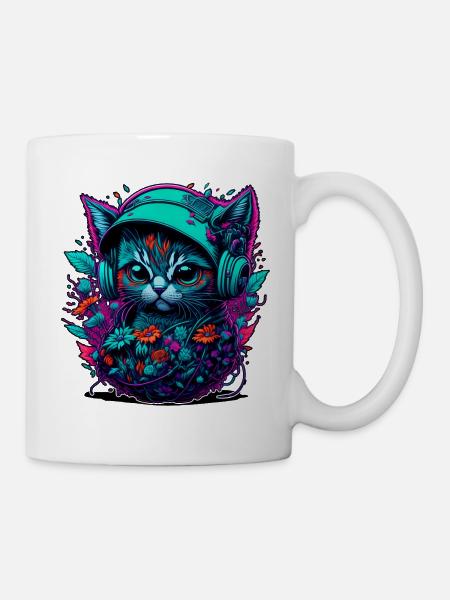 Katzen Baby im Blumenmeer, hört Musik - Tasse - Weiß