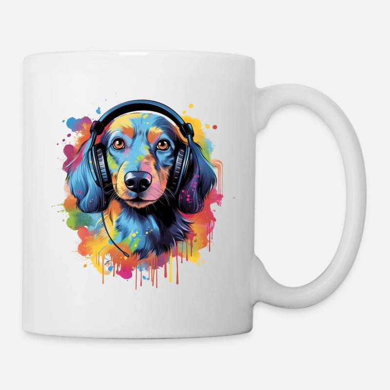 Bunter Dackel mit Kopfhörer - Tasse - Weiß