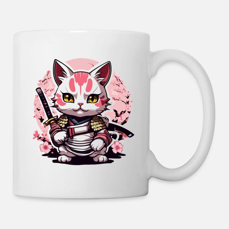 Samurai Cat & Cherry Blossoms #4 - Mug - white