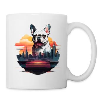 SILHOUETTE DER FRANZÖSISCHEN BULLDOGGE MIT EINEM SONNENUNTERGANG IN DER STADT - Tasse - Weiß - Rechts