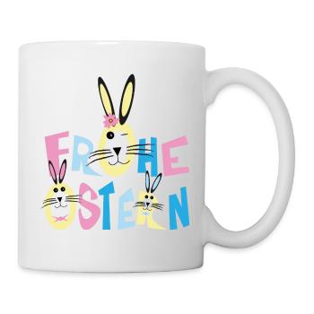 Frohe Ostern mit Bunten Osterhasen. - Tasse - Weiß - Rechts