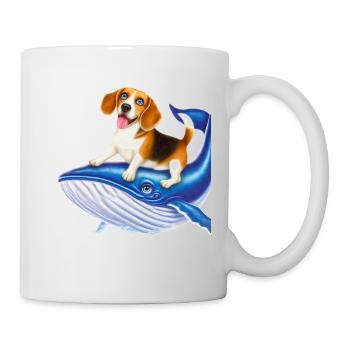 Funny comical cartoon of a Beagle riding a whale - Mug - white - Right
