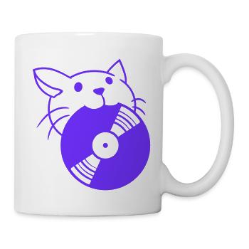 DJ Katze mit Schallplatte im Mund isst Vinyl Party - Tasse - Weiß - Rechts