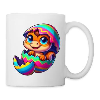 Süßer Dino schlüpft aus buntem Osterei Cartoon - Tasse - Weiß - Rechts